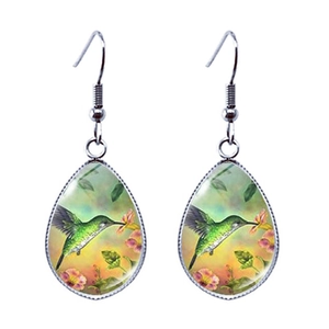Boucles d'Oreilles Goutte en Verre Vintage Avec Illustration de Colibri et Fleurs Crochets en Alliage pour Cadeau de Bijoux Femme