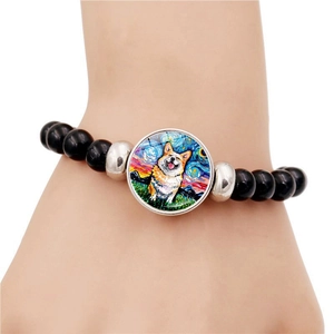 Zwarte kralenarmband met Van Gogh-stijl Corgi Sterrennacht kunstbedeltje voor dames