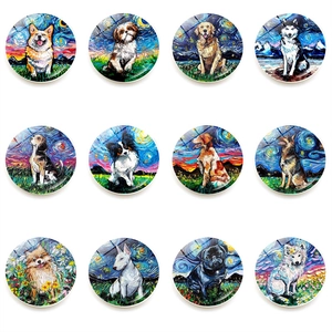 Magneti da Frigo a Forma di Cane con Pittura a Olio Impressionista Adesivo Magnetico Tondo in Vetro di Cristallo Ritratti Artistici di Cani per Cucina Lavagna