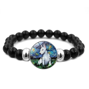 Detail van de Corgi-kralenarmband met Van Gogh Sterrennacht kunst-cabochon detailweergave