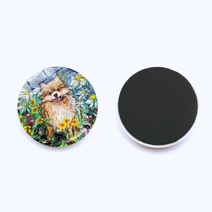 Vista dettagliata del magnete in vetro da 25mm con pittura a olio e base magnetica rotonda