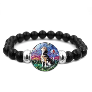 Beagle-hond armband in sterrennacht schilderstijl met elastische zwarte kralen