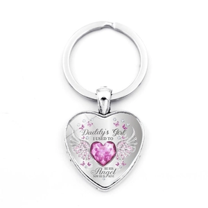 Porte-clés Cœur Commémoratif en Alliage de Zinc Verre Ailes d'Ange Papillon Pendentif Cœur Pierre Précieuse Porte-clés pour Perte de Père Cadeau Femme