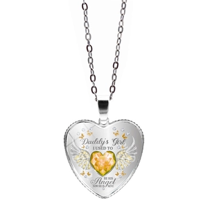 Collier cœur argenté avec pierre jaune, ailes d'ange et texte Daddy's Girl