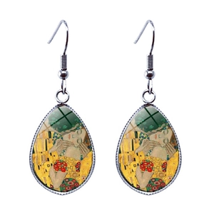 Boucles d'oreilles goutte avec motif Le Baiser de Gustav Klimt sous verre et crochet