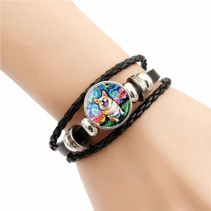 Meerlaagse lederen armband met Van Gogh Sterrennacht Corgi glazen bedel