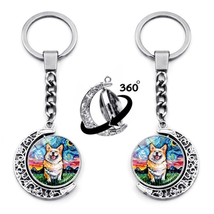 Rotating Keychain Van Gogh Starry Night Art Hollow Moon Zinc Alloy Glass Dog Portrait Double Sided Bag Charm Gift