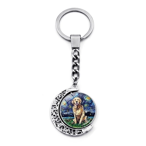 Rotating keychain featuring Van Gogh style Golden Retriever art and silver crescent moon frame