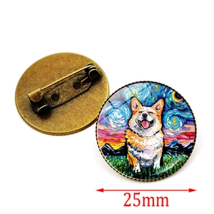Van Gogh Starry Night Corgi brooch badge with 25mm bronze metal base and art glass