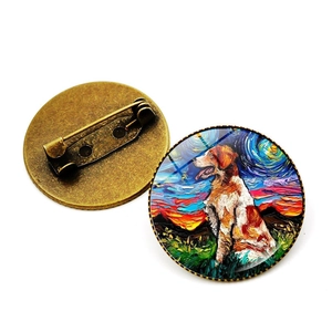 Artistic Van Gogh style Corgi dog round glass brooch with retro bronze metal backing