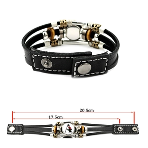 Multi-layer black leather punk bracelet with vintage metal beads and letter A charm