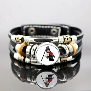Multilayer Woven Leather Bracelet Alloy Wood Glass Initial Letter Flower Snap Button Vintage Punk Bohemian Jewelry