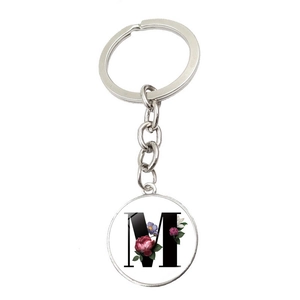 Initialen Buchstabe Blume Schlüsselanhänger Silber Metall Zinklegierung Glas Cabochon Anhänger Schlüsselring Für Damen Mädchen Alphabet Schmuck Geschenk