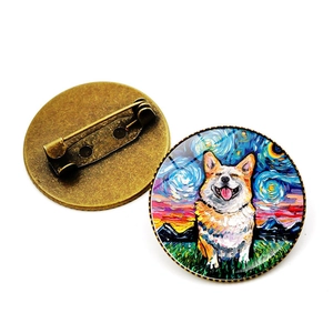 Artistic Oil Painting Style Dog Brooch Pin For Women Men Vintage Antique Bronze Alloy Glass Cabochon Pet Puppy Pins Badges Accessories