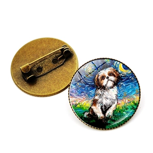 Artistic Van Gogh style Corgi enamel brooch pin with starry sky painting and bronze back