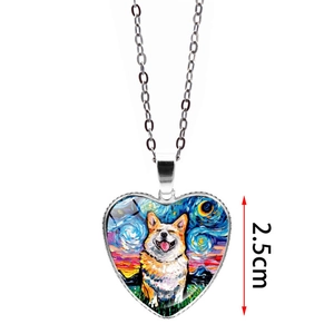 Starry Night oil painting Corgi heart pendant necklace in silver with 2.5cm size