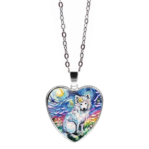 Detailed shot of heart pendant with Van Gogh style starry sky and white wolf painting