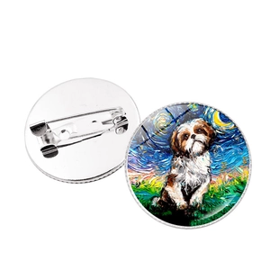 Spilla Cane Artistica Notte Stellata Rotonda in Lega Vetro Distintivo Creativa Stile Pittura a Olio Animali per Zaino Abbigliamento Gioielli Regalo