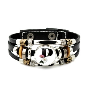 Retro multi-layer leather bracelet with letter P glass charm and vintage beads