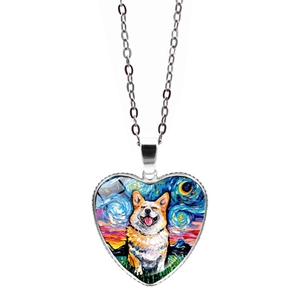 Vintage Starry Night Style Dog Art Heart Pendant Necklace Alloy Silver Plated Chain Jewelry Gift For Women Pet Lovers