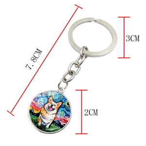 Porte-clés Corgi style Van Gogh Nuit Étoilée avec pendentif rond en verre pour chiens