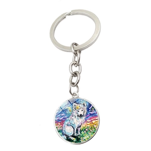 Vue détaillée d'un porte-clés en argent avec un dessin de Samoyède style Van Gogh