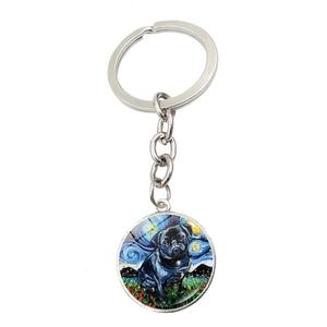 Détail du pendentif rond carlin style Nuit Étoilée de Van Gogh avec porte-clé argenté