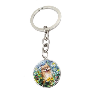 Détail d'un porte-clés rond argenté avec peinture d'art de chien style Van Gogh
