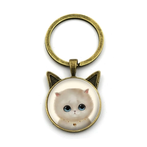 Llavero gato retro con retrato de gatito de ojos azules bajo cúpula de cristal
