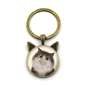 Llavero de orejas de gato lindo con metal bronce e ilustración de gato estilo vintage