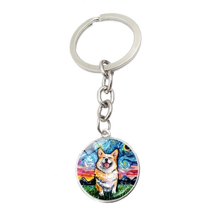 Porte-clés Artistique Chien Style Peinture À L'huile Impressionniste Nuit Étoilée Pendentif Rond En Verre Et Alliage De Zinc