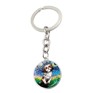 Porte-clés style Nuit étoilée de Van Gogh avec peinture de chien Shih Tzu en pendentif