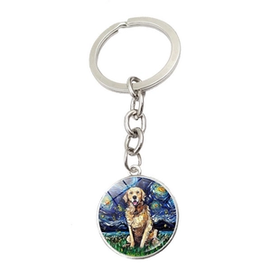 Porte-clés Golden Retriever style Van Gogh Nuit Étoilée avec pendentif en métal