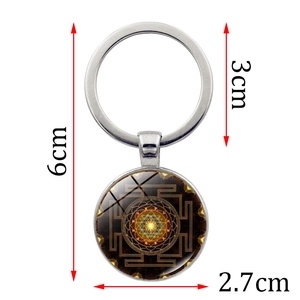 Sri Yantra mandala glass dome keychain in silver metal with precise size dimensions