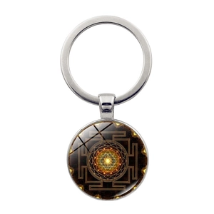 Sri Yantra Mandala Keychain Sacred Geometry Glass Cabochon Zinc Alloy Retro Key Ring Bag Pendant Accessory Ethnic Jewelry Gift