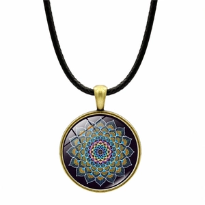 Mandala flower glass pendant necklace with vintage bronze metal and black cord