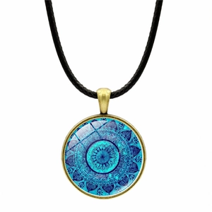 Vintage Mandala Pendant Necklace Antique Bronze Zinc Alloy Glass Cabochon Ethnic Bohemian Jewelry For Women Men Everyday Accessory