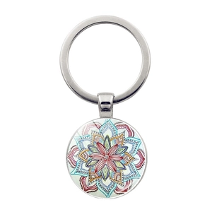 Vintage Mandala Blume Schlüsselanhänger Zinklegierung Glas Cabochon Anhänger Böhmisch Geometrisches Muster Schlüsselring Für Damen Herren Schmuck