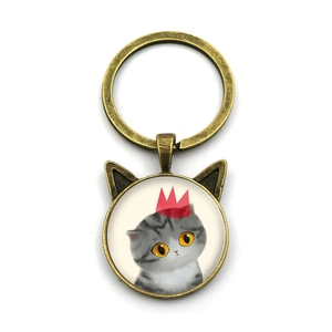 Llavero de Orejas de Gato de Aleación de Zinc Bronce Vintage Colgante de Vidrio de Gema del Tiempo para Bolso Regalo Mujer