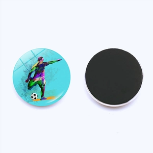 Detailed view of the watercolor soccer fridge magnet showing front art and black magnetic back
