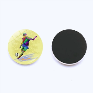 Front and back view of crystal glass football fridge magnets with colorful soccer player motifs