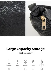Detailed view of black litchi grain leather texture and high-capacity storage for essentials