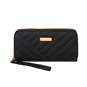 Women's long black quilted wallet with wristlet strap and gold zipper hardware