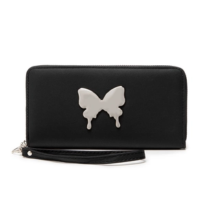 Women's long black leather wallet with silver butterfly accent and wristlet strap