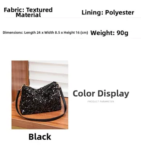 Detailed view of high-density black sequins and dimensions for this stylish shoulder bag