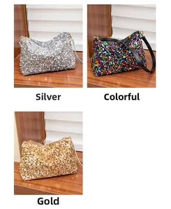Detailed comparison of sequin handbags in silver, multicolor, and gold metallic finishes