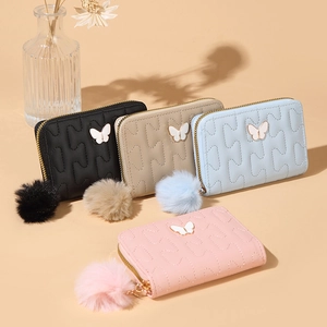 Fashion Women Short Zip Wallet PU Leather Wavy Quilted Butterfly Decor Fur Ball Pendant Card Holder Coin Purse
