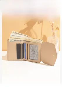 Detail view of the apricot PU leather short wallet interior with multiple card slots