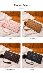 Ladies long zipper wallets in four colors featuring floral patterns and pompom charms