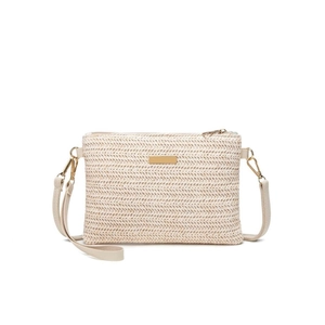 Chic cream woven crossbody camera bag with fine herringbone pattern and gold plaque